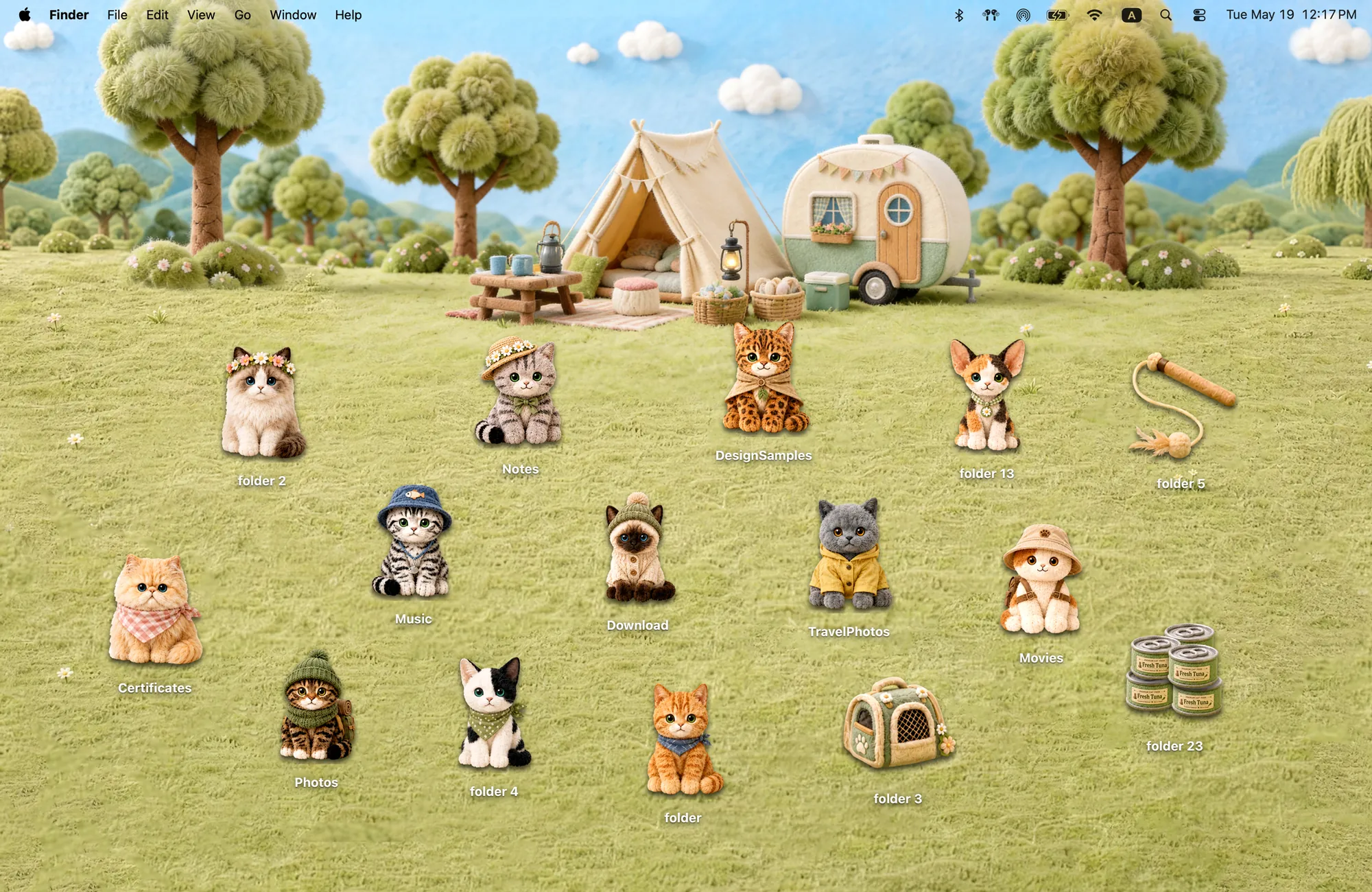 Camp Kitties cute cat MacBook wallpaper, a felt campsite with a tent and camper, and 12 cat folder icons wearing hats and scarves