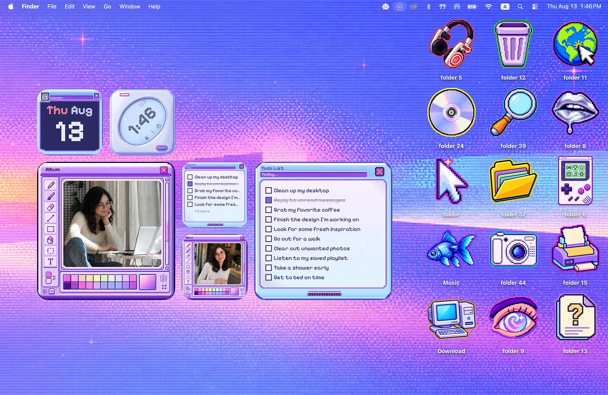 Cyber Dream cybercore Mac desktop wallpaper, a purple pixel sky with pixel art folder icons and retro window widgets for photos, to-dos, clock and calendar
