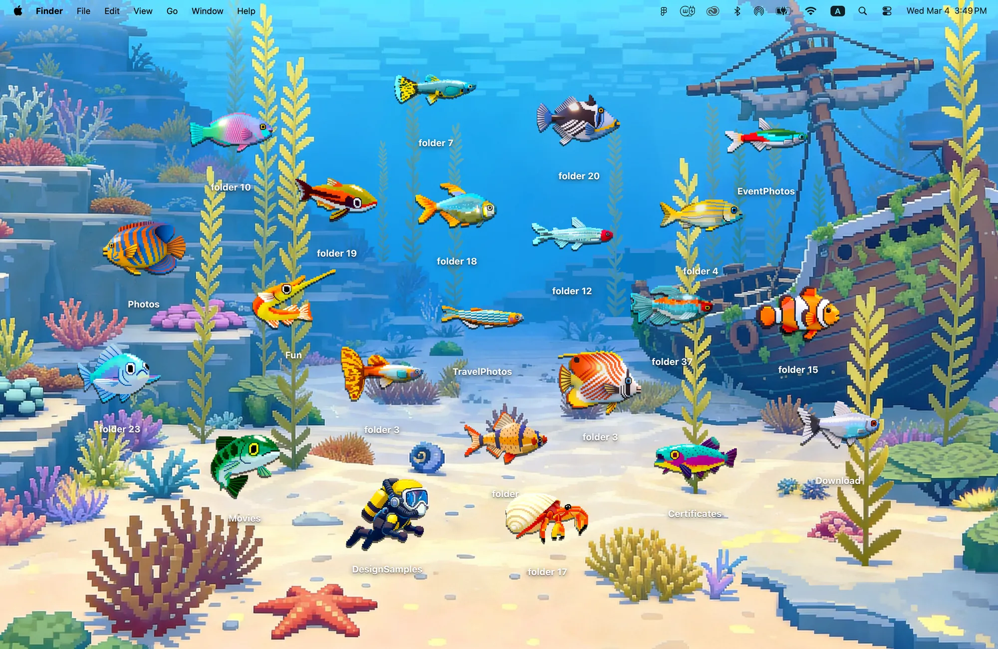 Deep Dive pixel art wallpaper for Mac, an underwater reef with a sunken ship and 22 pixel fish, a hermit crab and a diver as folder icons