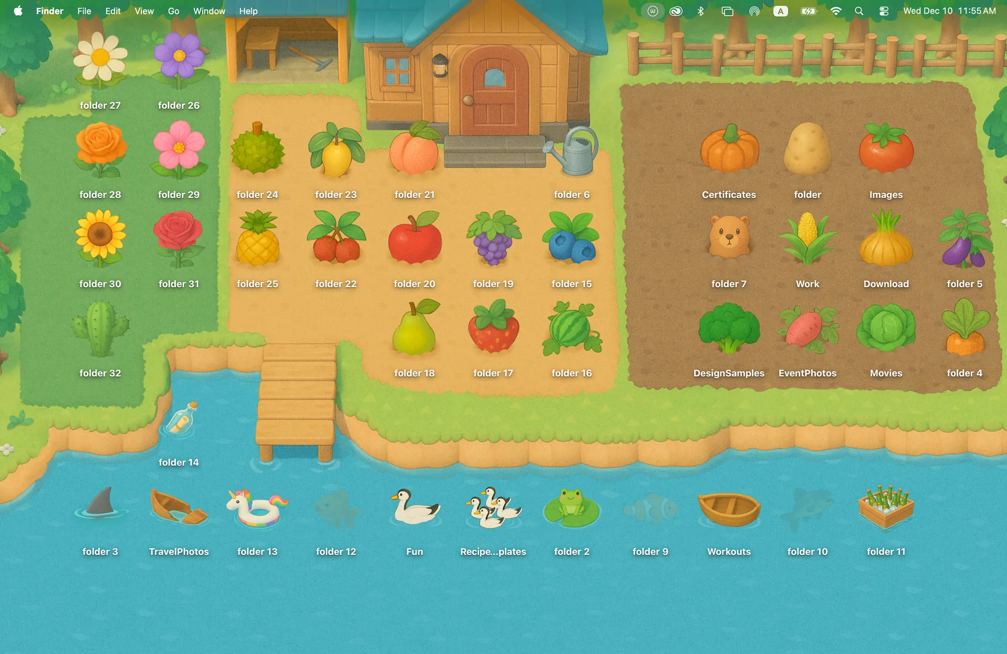 Little Farm cartoon farm desktop wallpaper with a cottage, a garden and a pond, and 42 fruit, vegetable, flower and animal folder icons