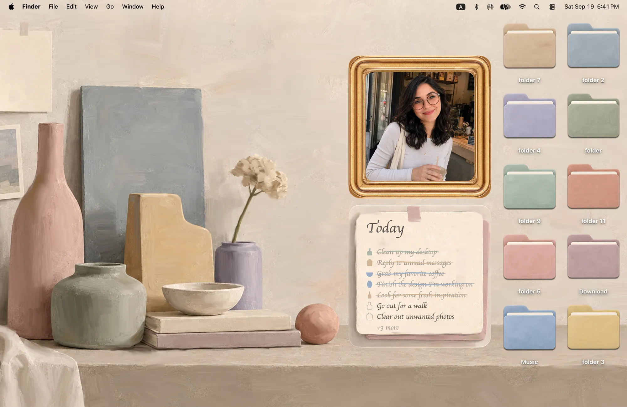 Morandi beige MacBook wallpaper, a muted still life of painted vases with soft-toned folder icons, a gold framed photo widget and a to-do note