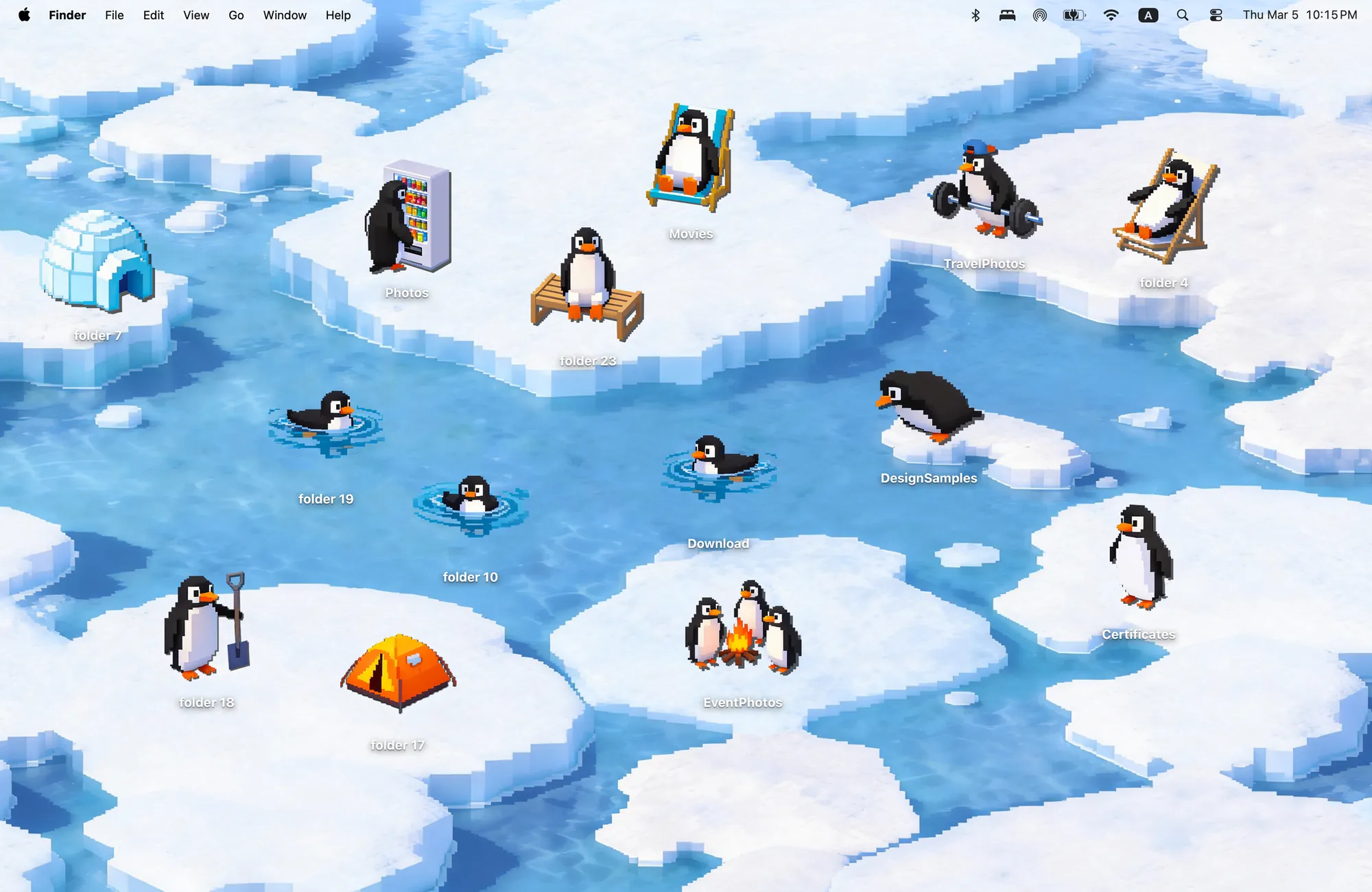 Penguin Island winter MacBook wallpaper, pixel ice floes with an igloo, a tent and 14 penguin folder icons swimming, camping and lifting weights