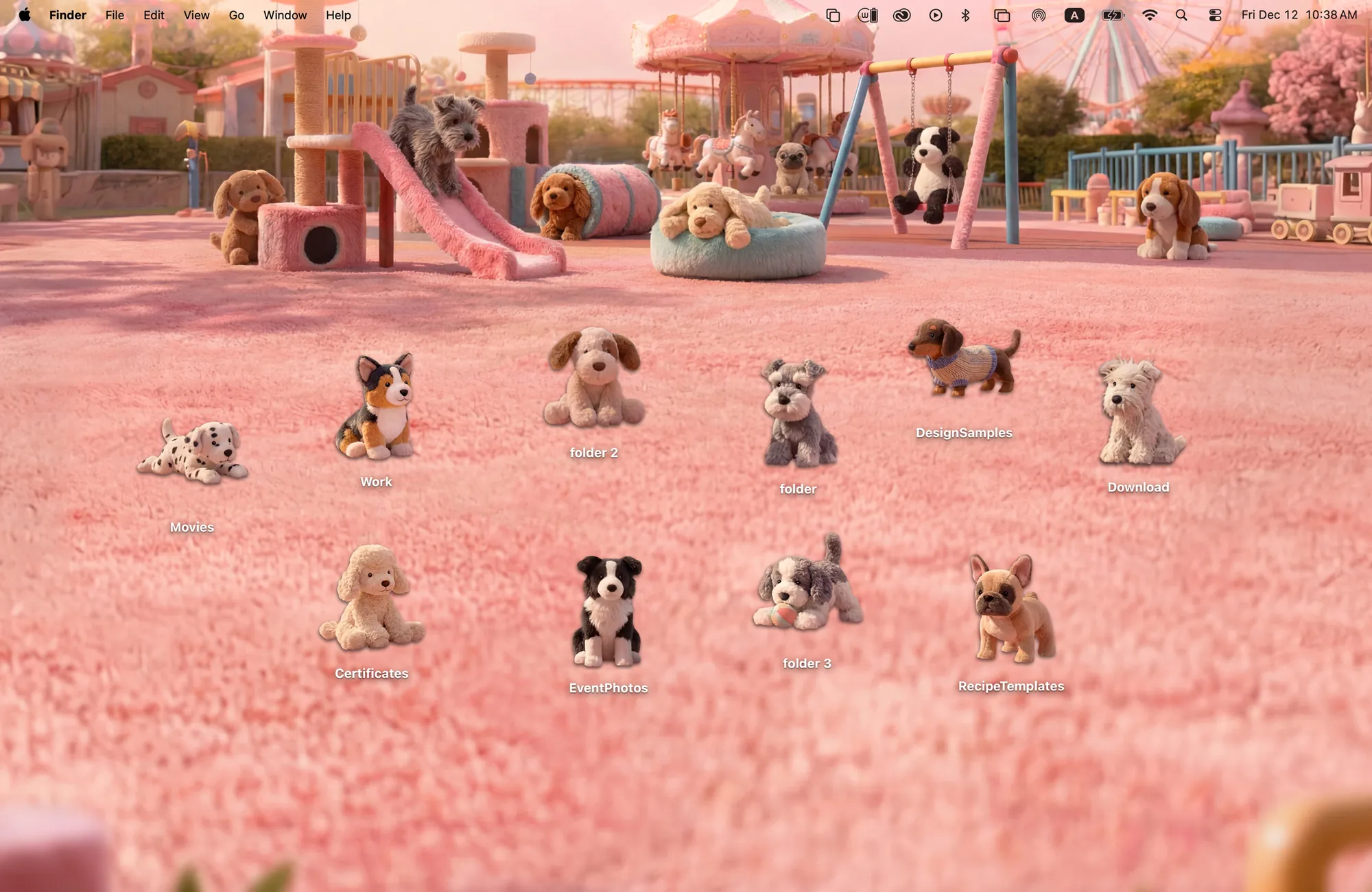 Puppy Playground dog MacBook wallpaper, a pink plush playground with slides and swings and ten stuffed puppy folder icons