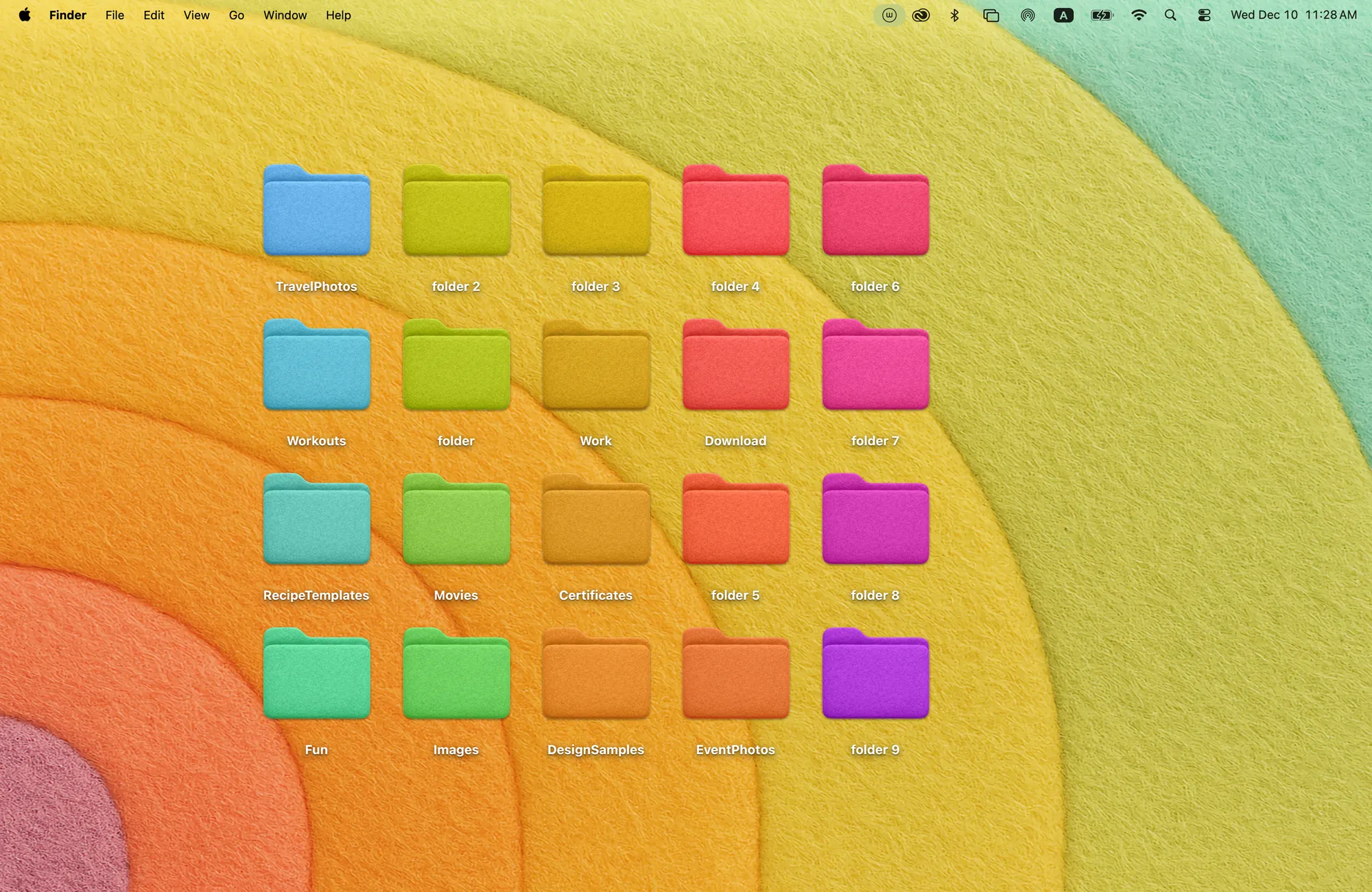 Rainbow Felt free MacBook wallpaper made of soft felt rainbow arcs, with 20 colorful felt folder icons in a grid