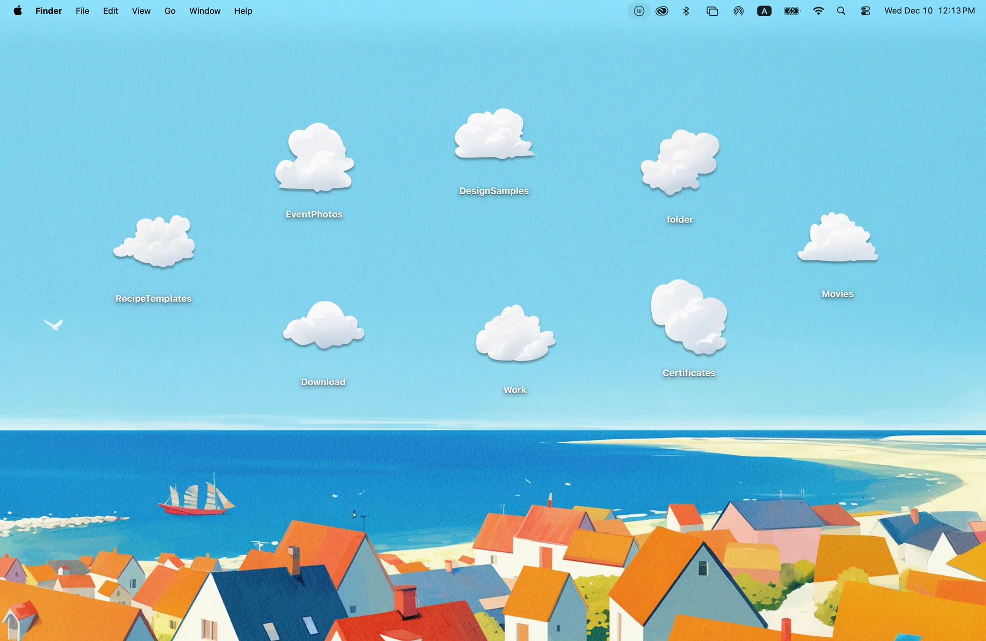Seaside Town cloud MacBook wallpaper, a coastal village with orange rooftops and a blue sea, with 8 fluffy cloud folder icons in the sky