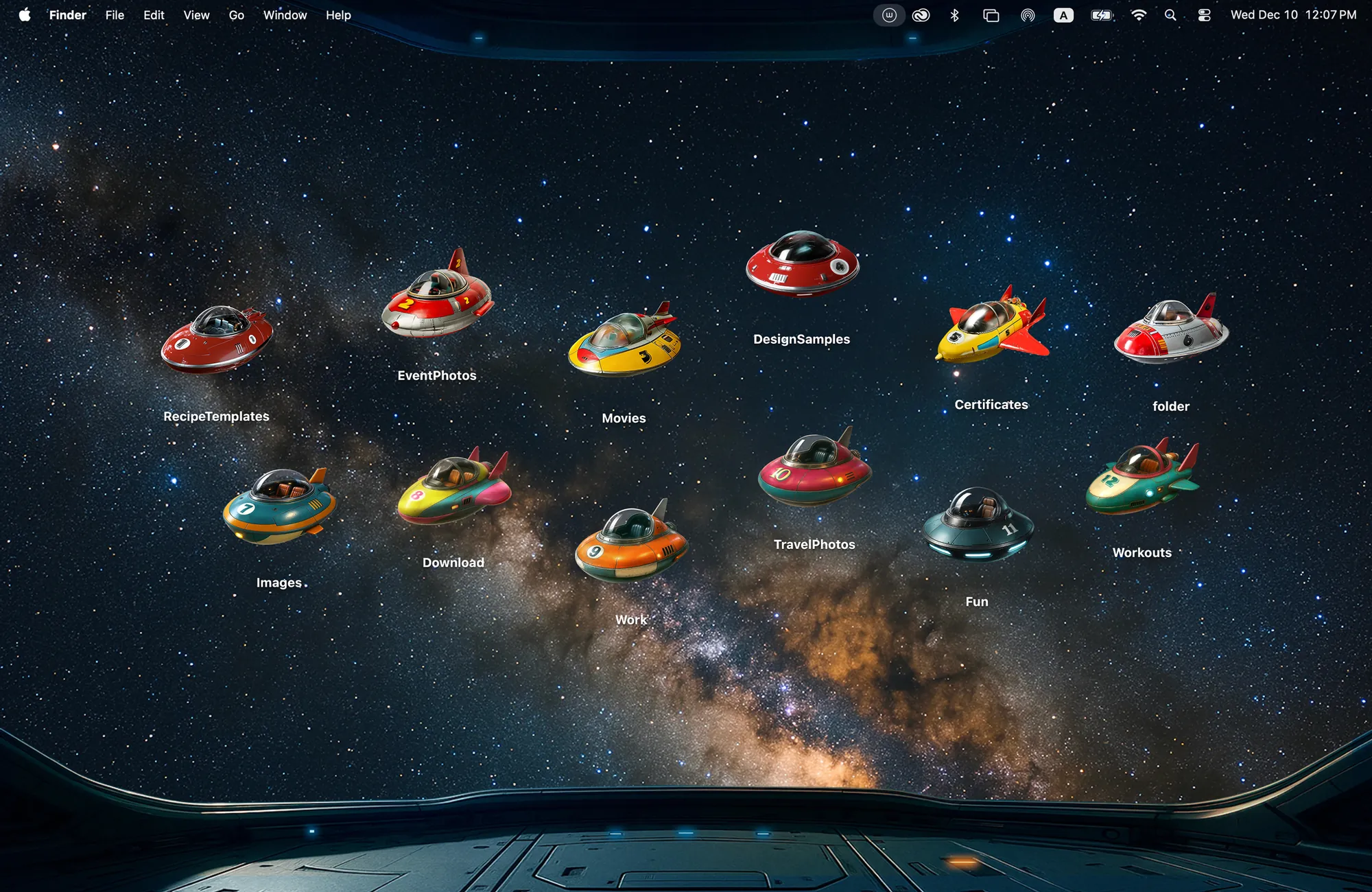 Spaceship Dreams space Mac wallpaper, a galaxy seen from a cockpit window with 12 retro toy spaceship folder icons