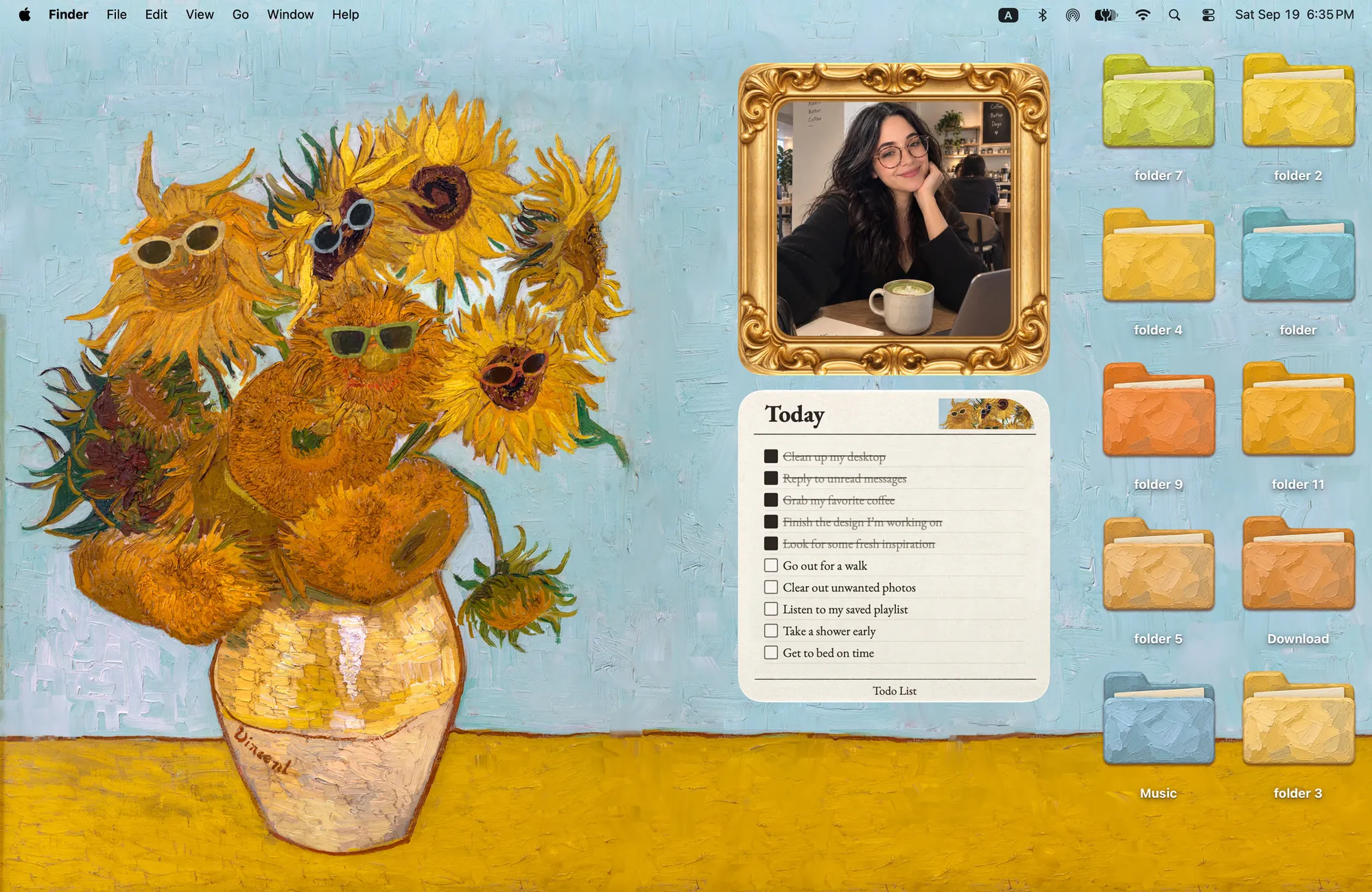 Sunflowers in Shades Van Gogh MacBook wallpaper, sunflowers wearing sunglasses on sky blue, with oil-paint textured folder icons, a gold framed photo and a to-do card