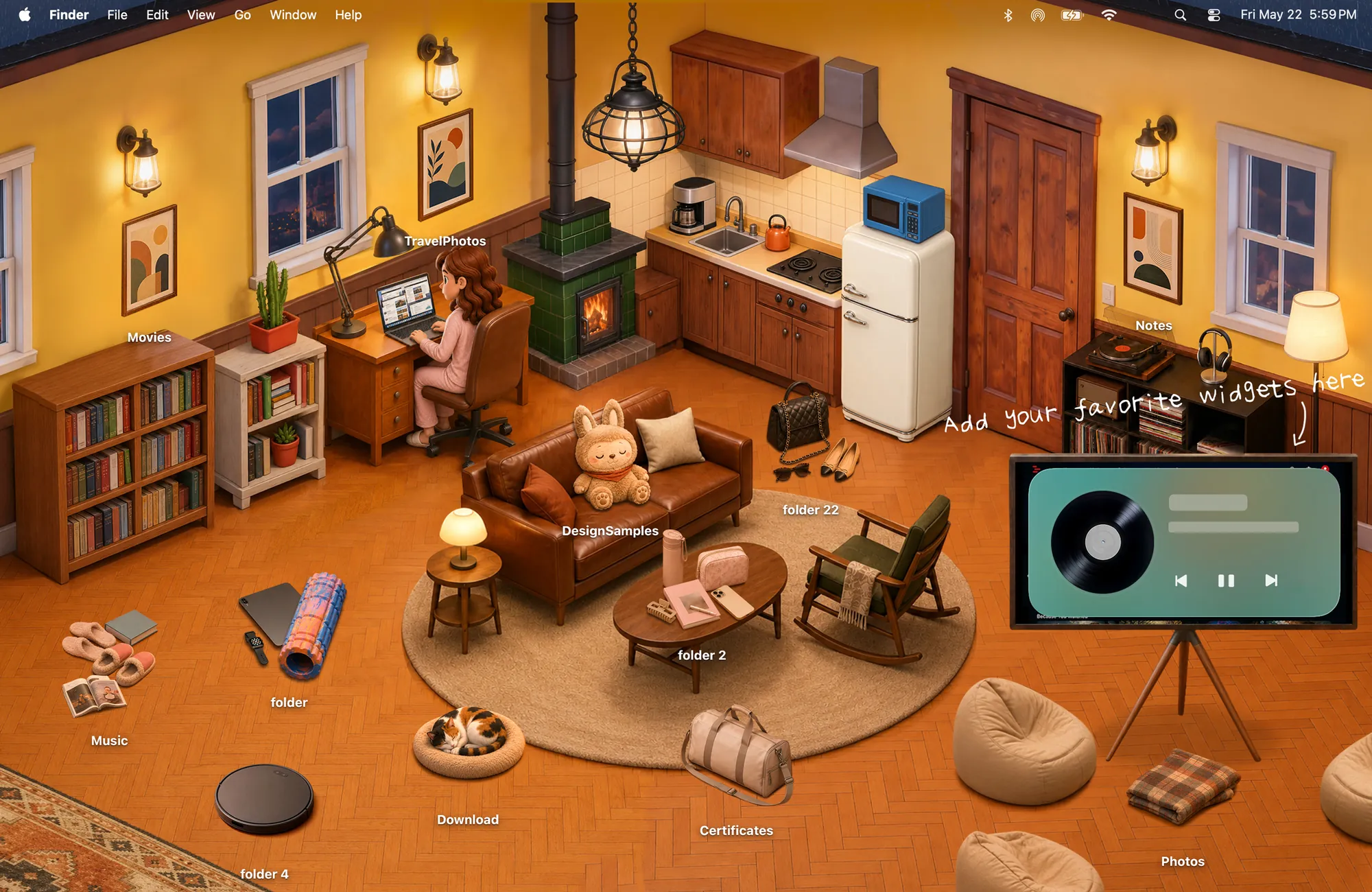 The Fireside cozy desktop wallpaper on a Mac, a warm cabin living room with a wood stove, bookshelves and folder icons placed around the room