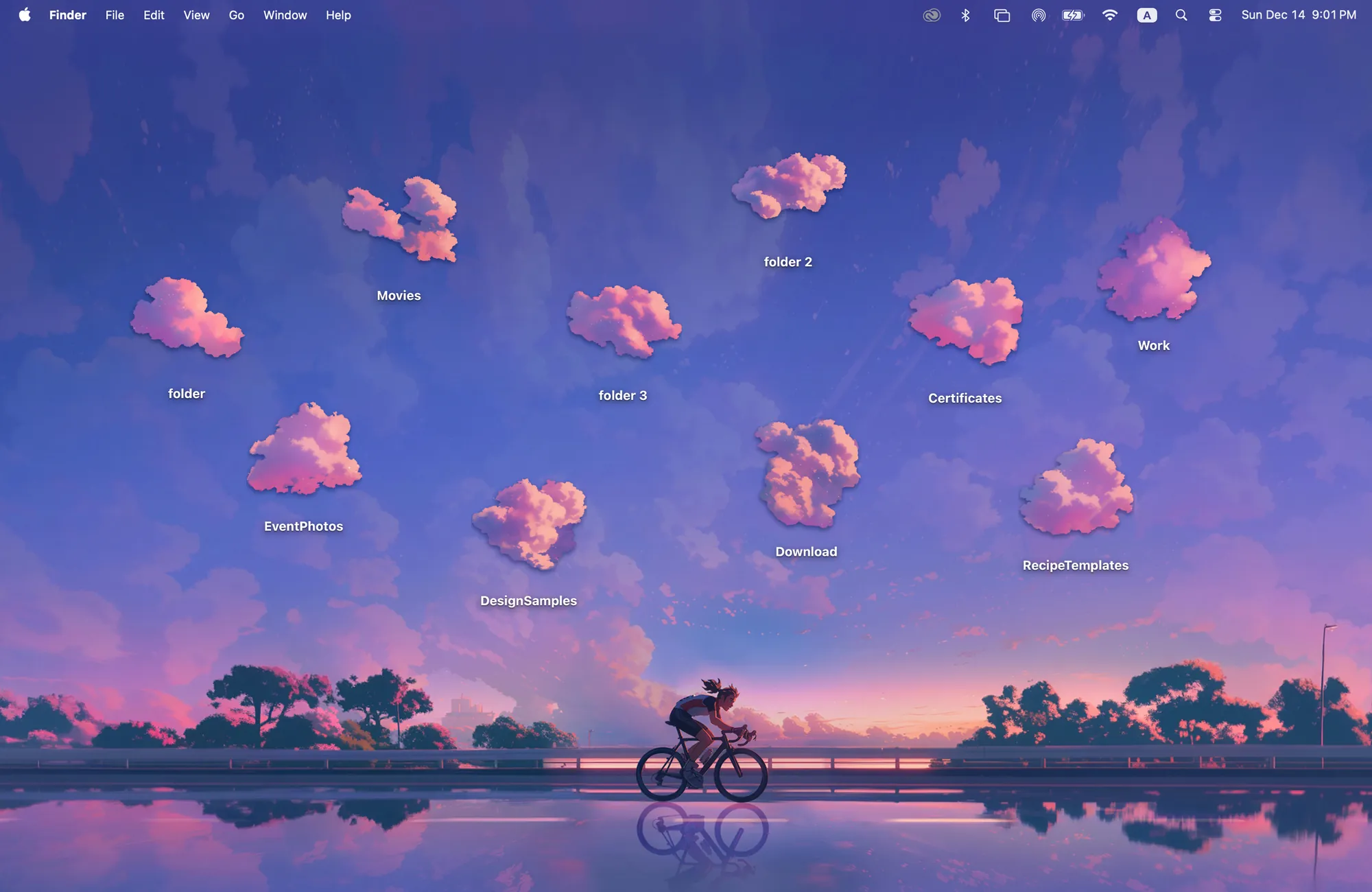 Twilight Road sunset MacBook wallpaper, a purple and pink evening sky over a lakeside road with a cyclist, and 10 pink cloud folder icons