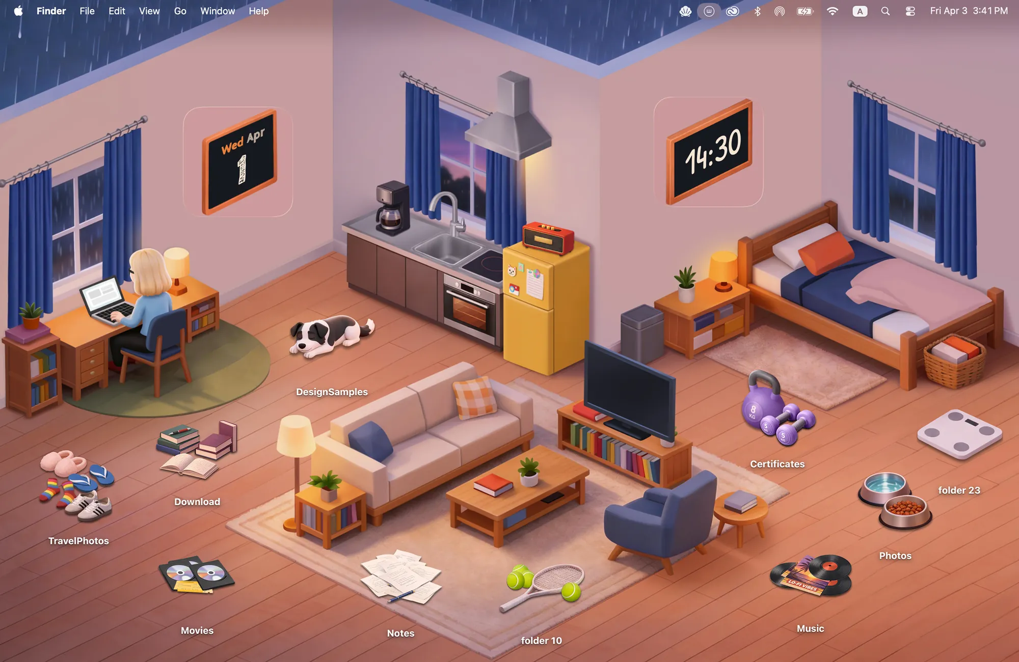 Warm Corner cozy room wallpaper on a MacBook desktop, with folder icons placed as furniture and chalkboard clock and calendar widgets