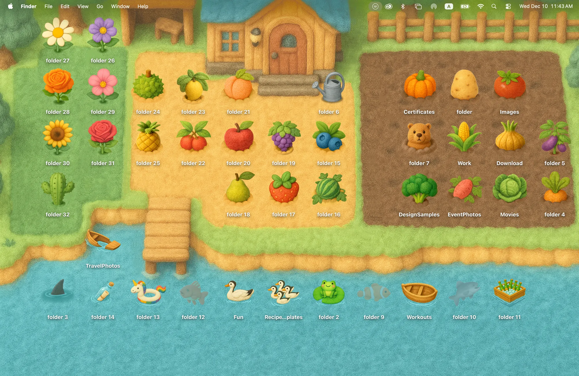 Wool Farm felt farm desktop wallpaper with a cottage, a garden and a river, and 42 felt fruit, vegetable, flower and animal folder icons